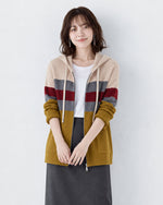 【秋新作】「全4色」M~4XL 切り替えボーダー ドローストリング フード付きニットカーディガン