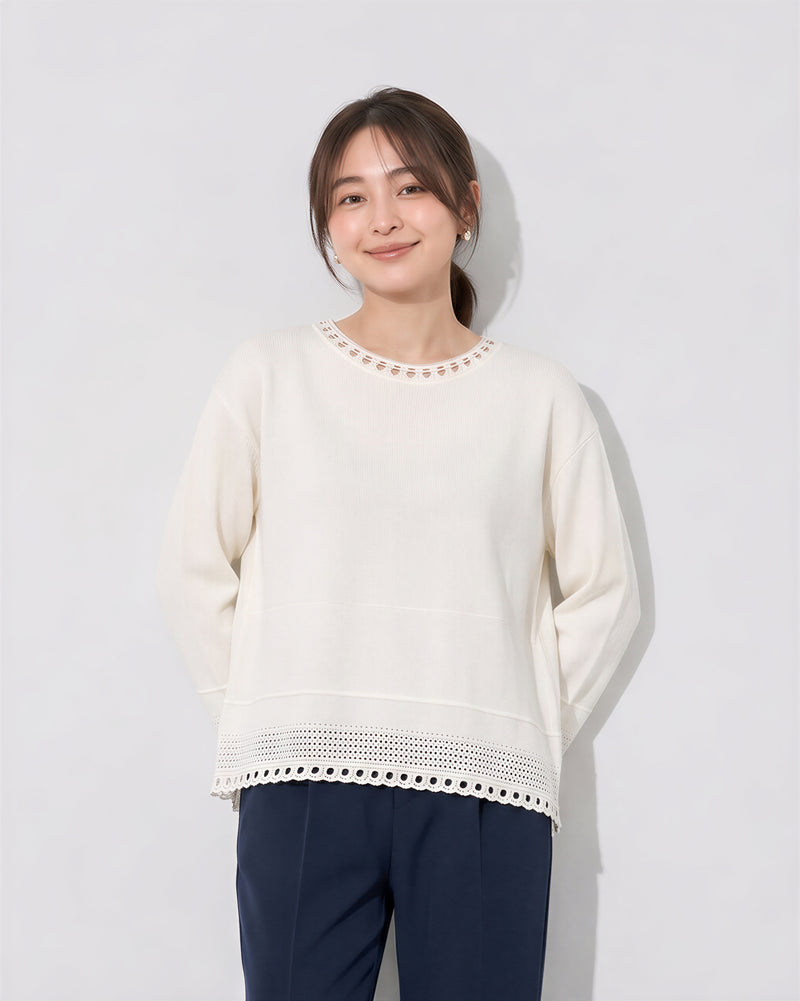 S~2XL 透かしレース付きクルーネックニット