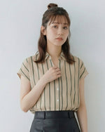 縦ストライプ 開襟カラー 半袖 シフォンブラウス
