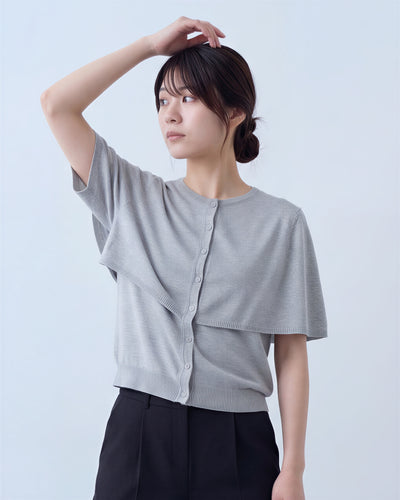 ケープレイヤード風／前立てボタン／フェイクレイヤード半袖Tシャツ