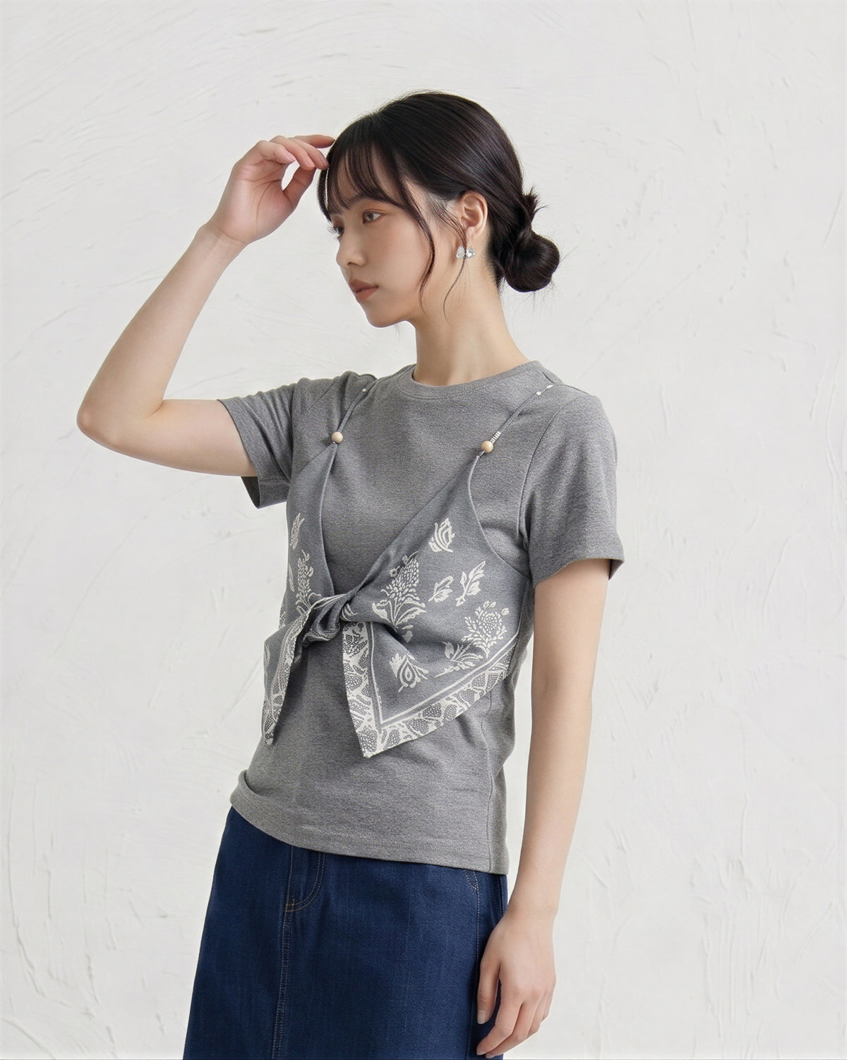 半袖Tシャツ2枚フェイクスカーフ個性的アートキルティングトップス