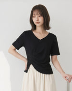 Vネック イレギャラーギャザーTシャツ