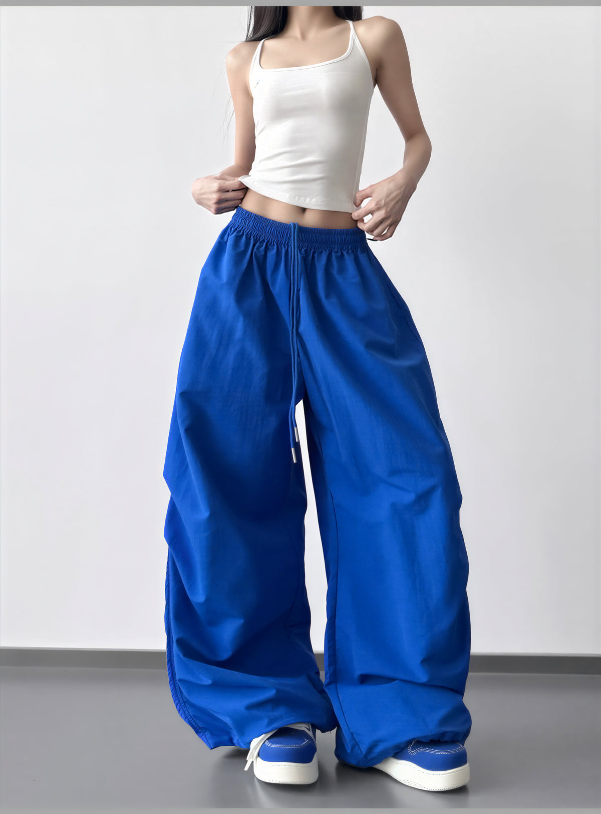 S-L ドローストリング付きウエストゴムワイドパンツ