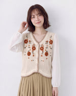 花刺繍入り スカラップヘム ニットカーディガン