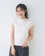 ラウンドネック＆リボンデザイン すっきり見え半袖Tシャツ-ブラック-XL
