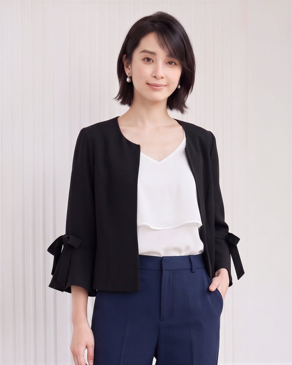 【秋新作】【全3色】S~2XL ラウンドネック フリルスリーブ リボン付き テーラードジャケット