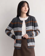 ラウンドネック 配色ボーダー ニットカーディガン-グレー-XL