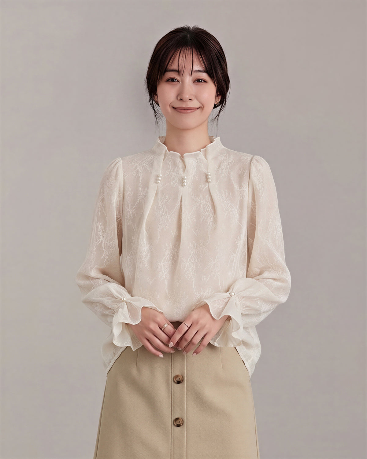 フリルハイネック ジャカード シフォンブラウス-ホワイト-XL