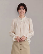 フリルハイネック ジャカード シフォンブラウス-ホワイト-XL