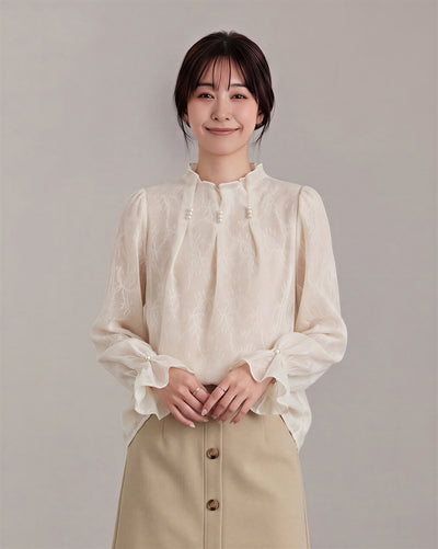 フリルハイネック ジャカード シフォンブラウス-ホワイト-XL
