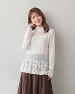 【秋新作】S~XL レース切り替え フリルネック インナー トップス