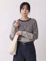 ゆったりドロップショルダー・ブラック×ホワイトボーダー・切り替え長袖ニット