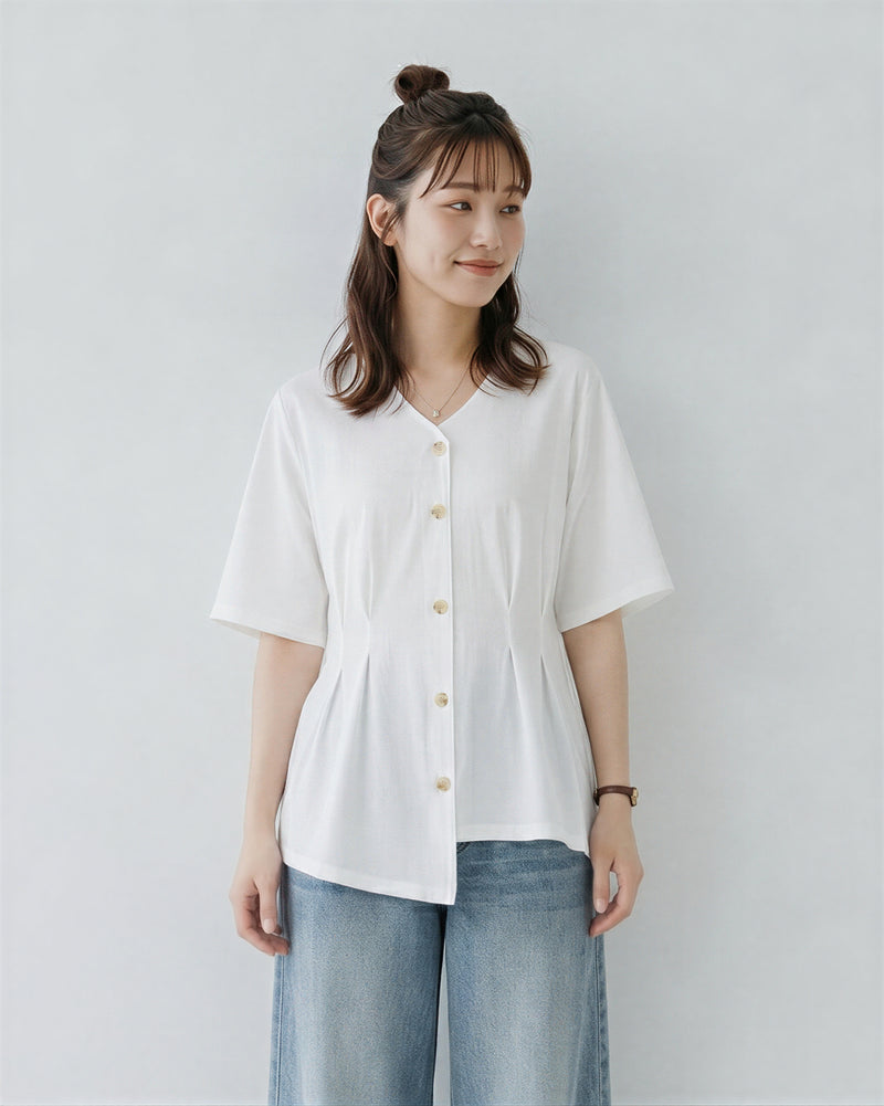 Vネック ギャザー入り ゆったりTシャツ