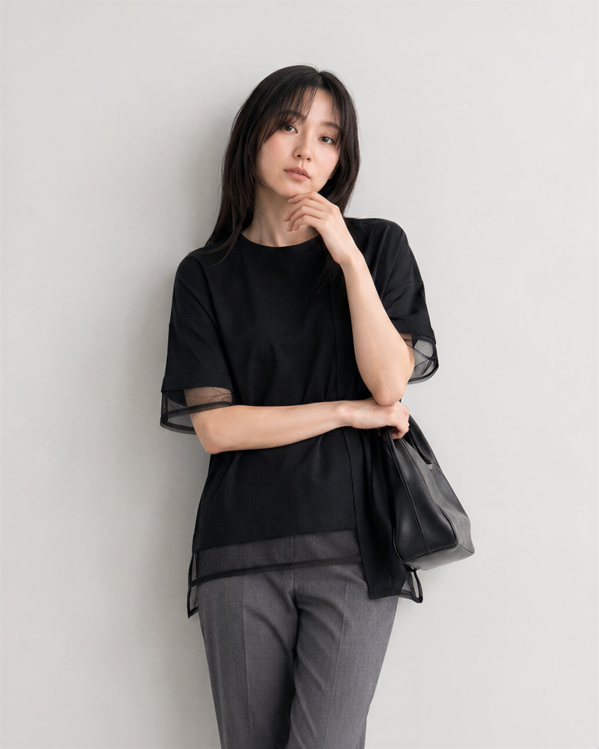 メッシュ切り替え イレギュラーヘム 半袖Tシャツ-ブラック-FREE