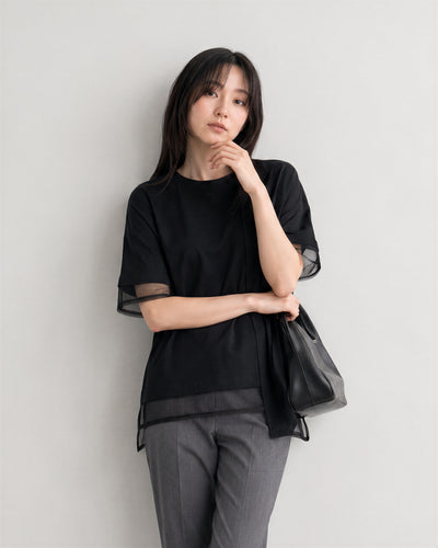 メッシュ切り替え イレギュラーヘム 半袖Tシャツ-ブラック-FREE