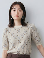 小花柄ジャカード パフスリーブ ニットトップス