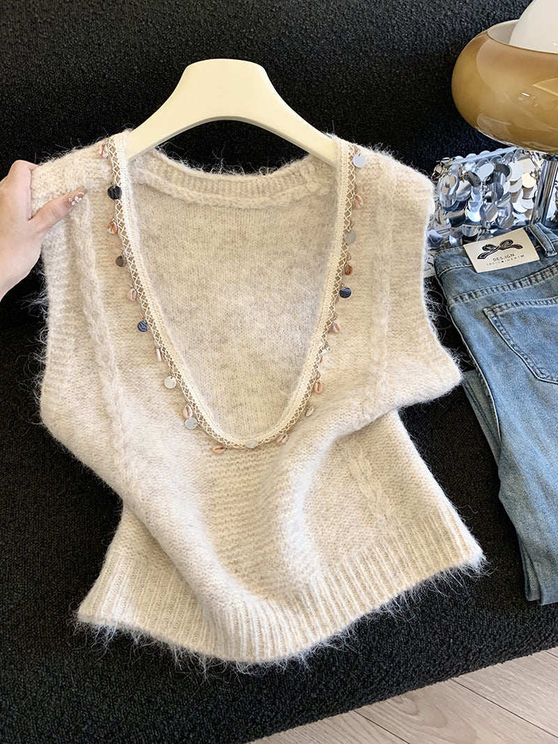 S~XL ビーズ付きVネックフェザリータッチニットベスト