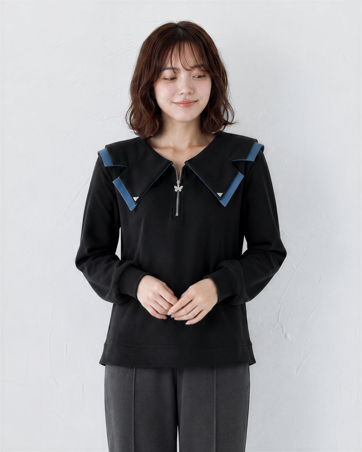 M~4XL ジップVネック フリル フェイクレイヤード スウェット