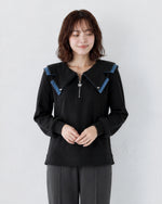 M~4XL ジップVネック フリル フェイクレイヤード スウェット