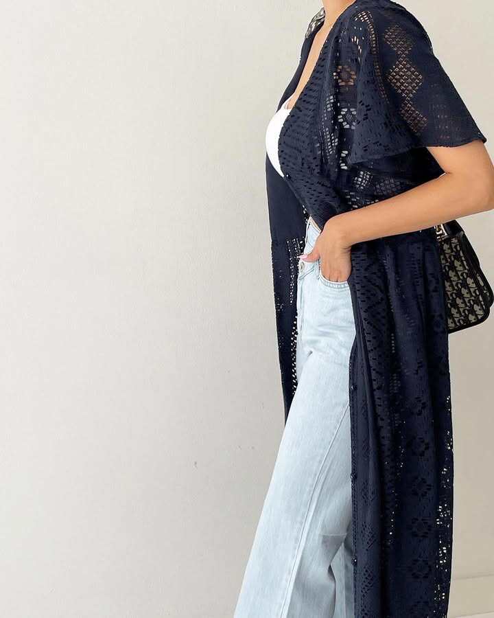 透かしレース ロング丈 リボン付き UV対策 カーディガン