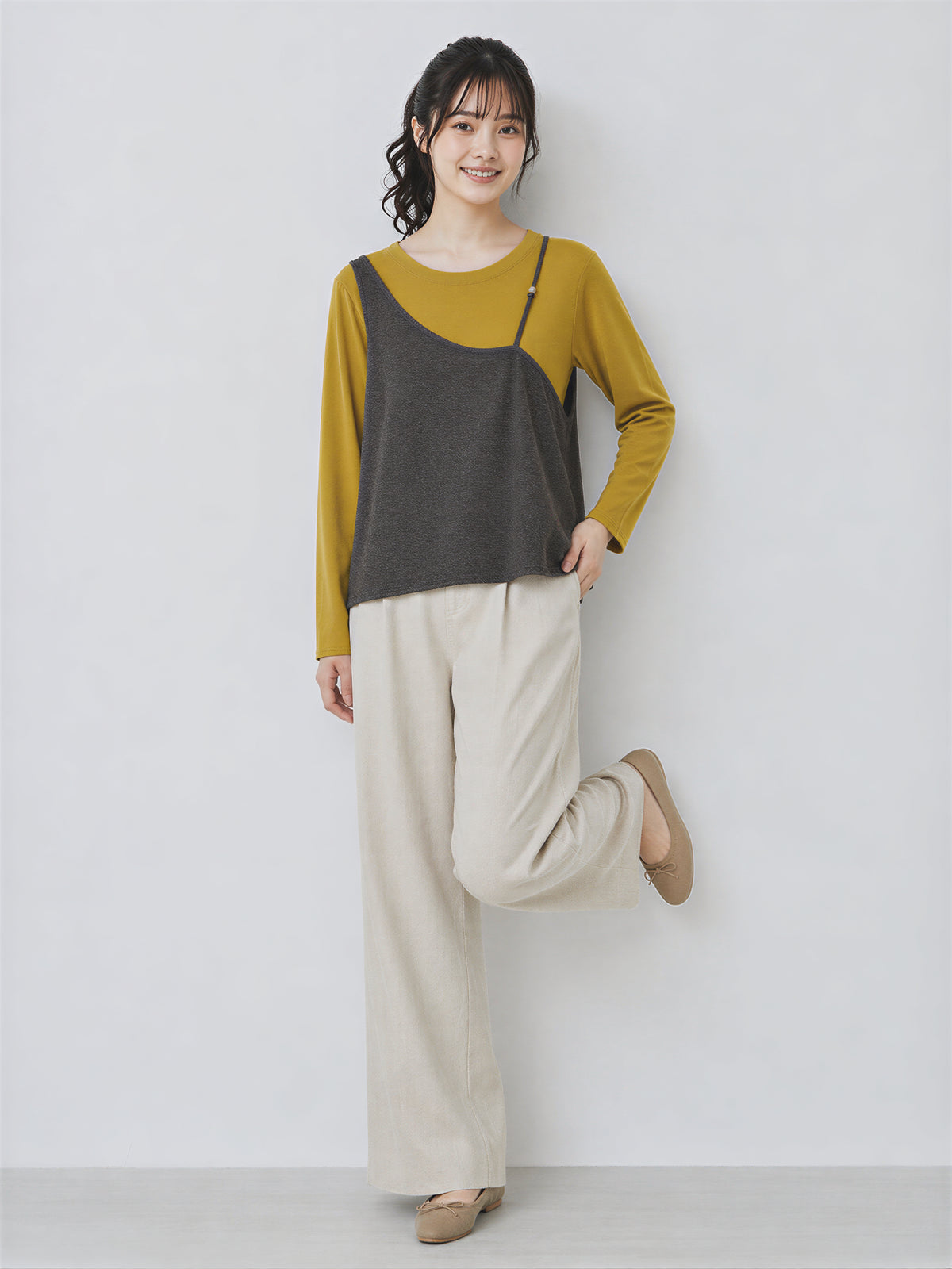 L~4XL レイヤード風 ゆったり アシンメトリー フェイクツーピースTシャツ