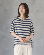 【秋新作】S-XL ボーダー スタンドカラー ドローストリング 半袖Tシャツ