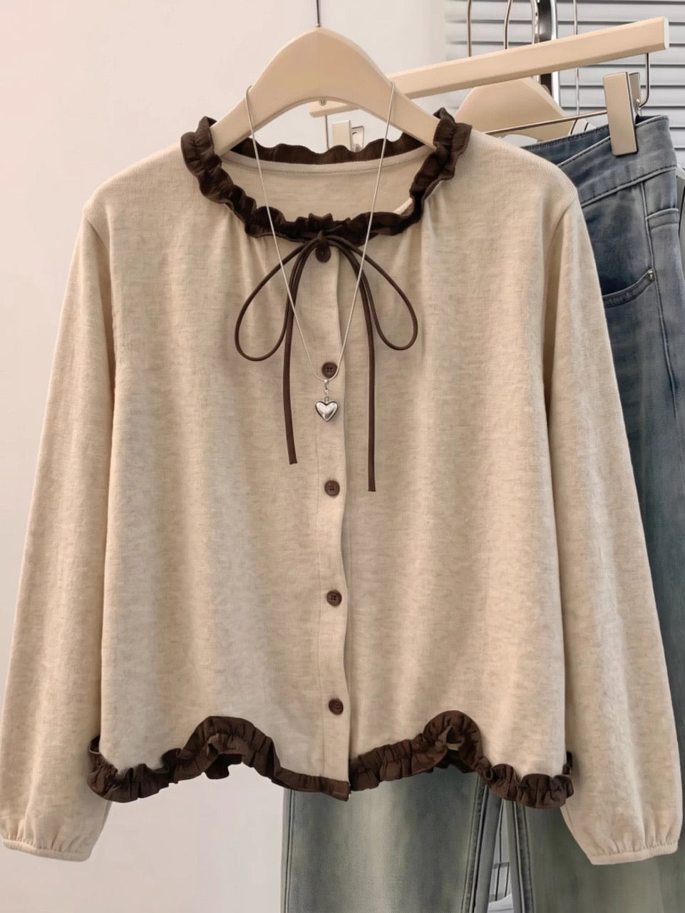 M~4XL フリル配色リボンブラウス