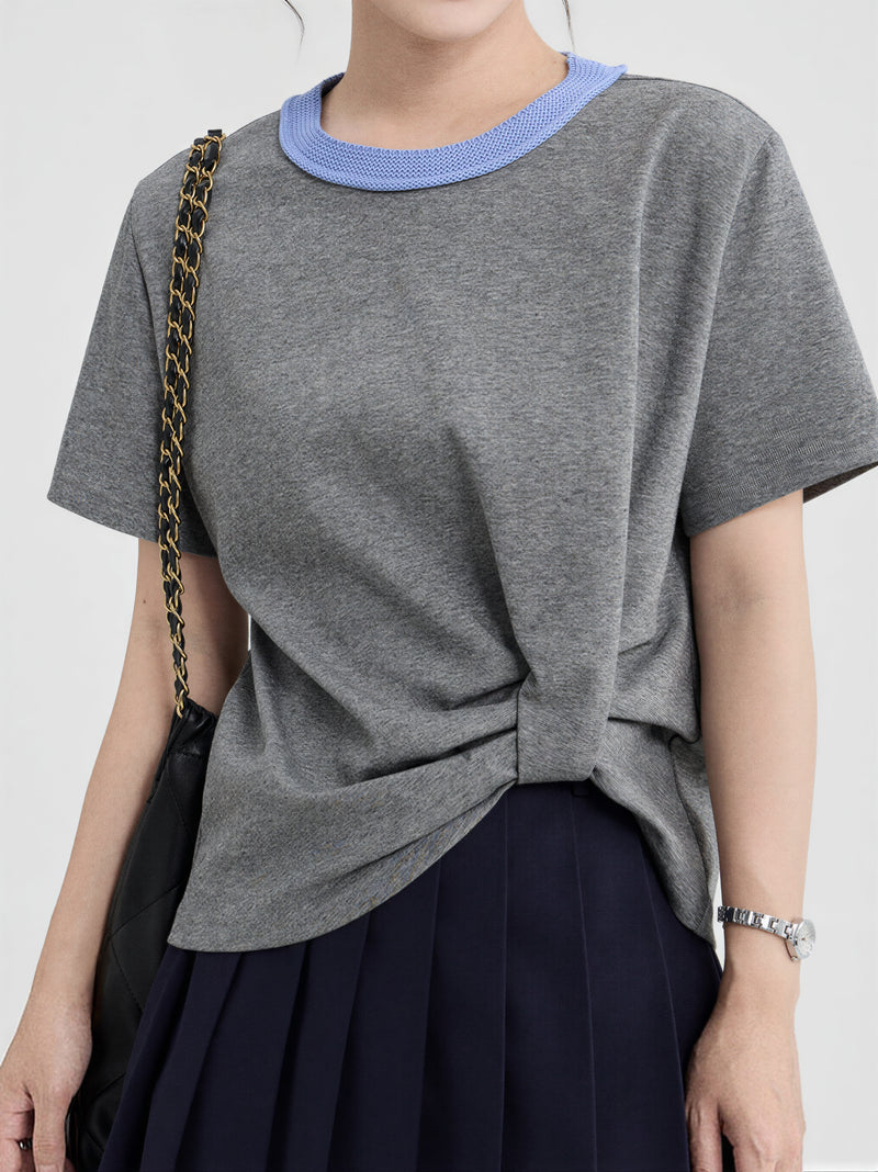 配色クルーネック サイドツイスト 半袖Tシャツ