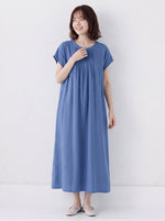 プリーツ入りクルーネック ゆったりミディ丈ワンピース-ブルー-2XL