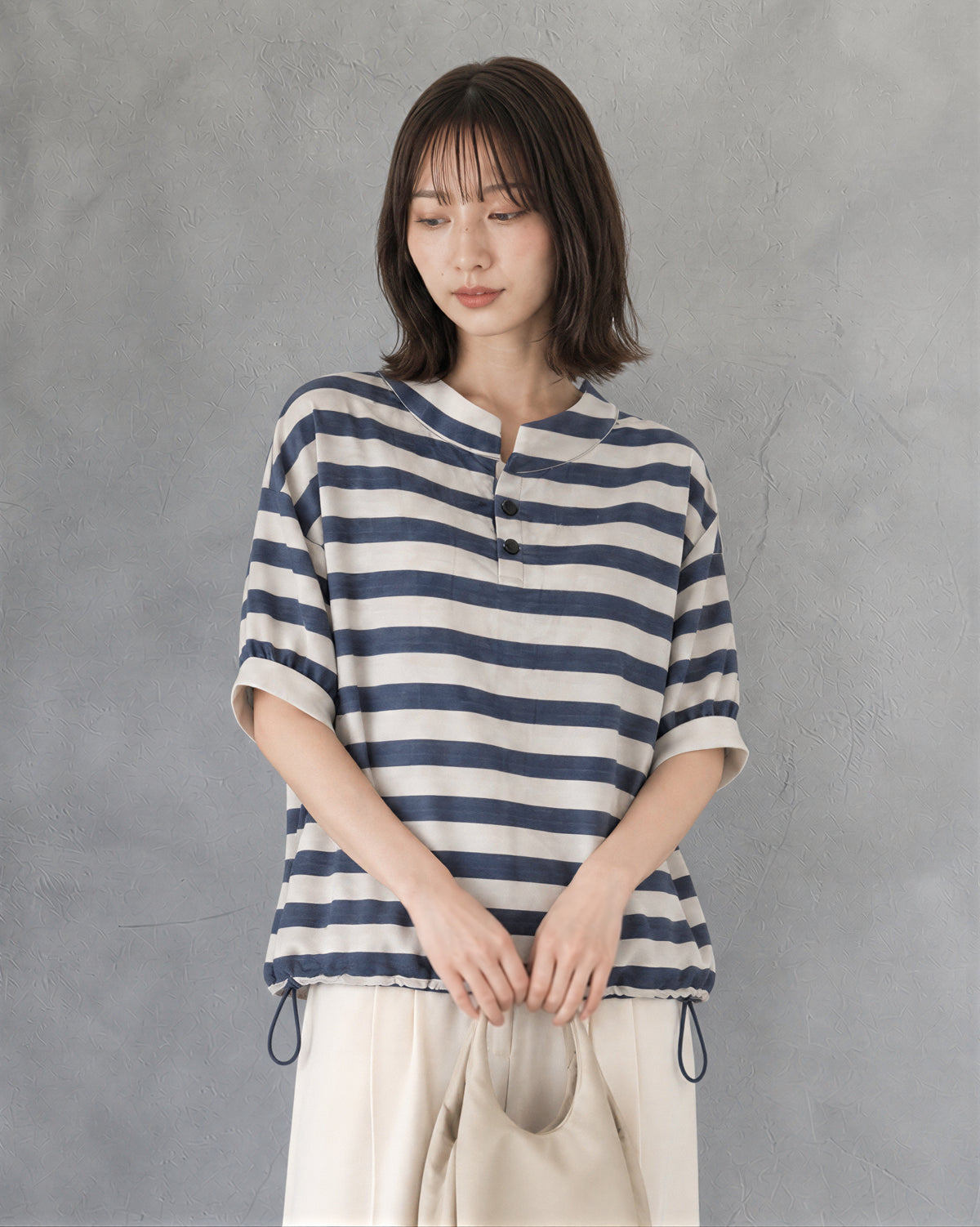 【秋新作】S-XL ボーダー スタンドカラー ドローストリング 半袖Tシャツ