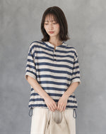 【秋新作】S-XL ボーダー スタンドカラー ドローストリング 半袖Tシャツ