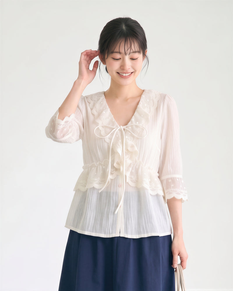 S~XL レースフリル リボンブラウス