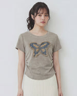 バタフライ立体フリンジワッペン クルーネック半袖Tシャツ-ライトベージュ-5XL