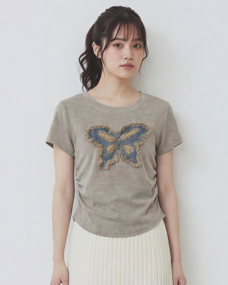 バタフライ立体フリンジワッペン クルーネック半袖Tシャツ-ライトベージュ-5XL
