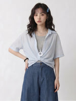 半袖シャツ 薄手 ゆったり 襟付き フロントリボンデザイン ポリエステル