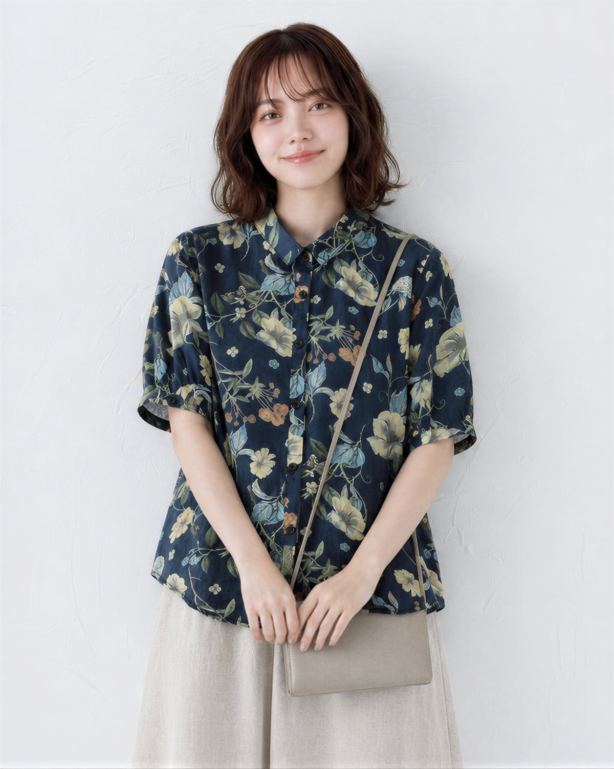 M~2XL レトロフラワープリント ブルーシャツ