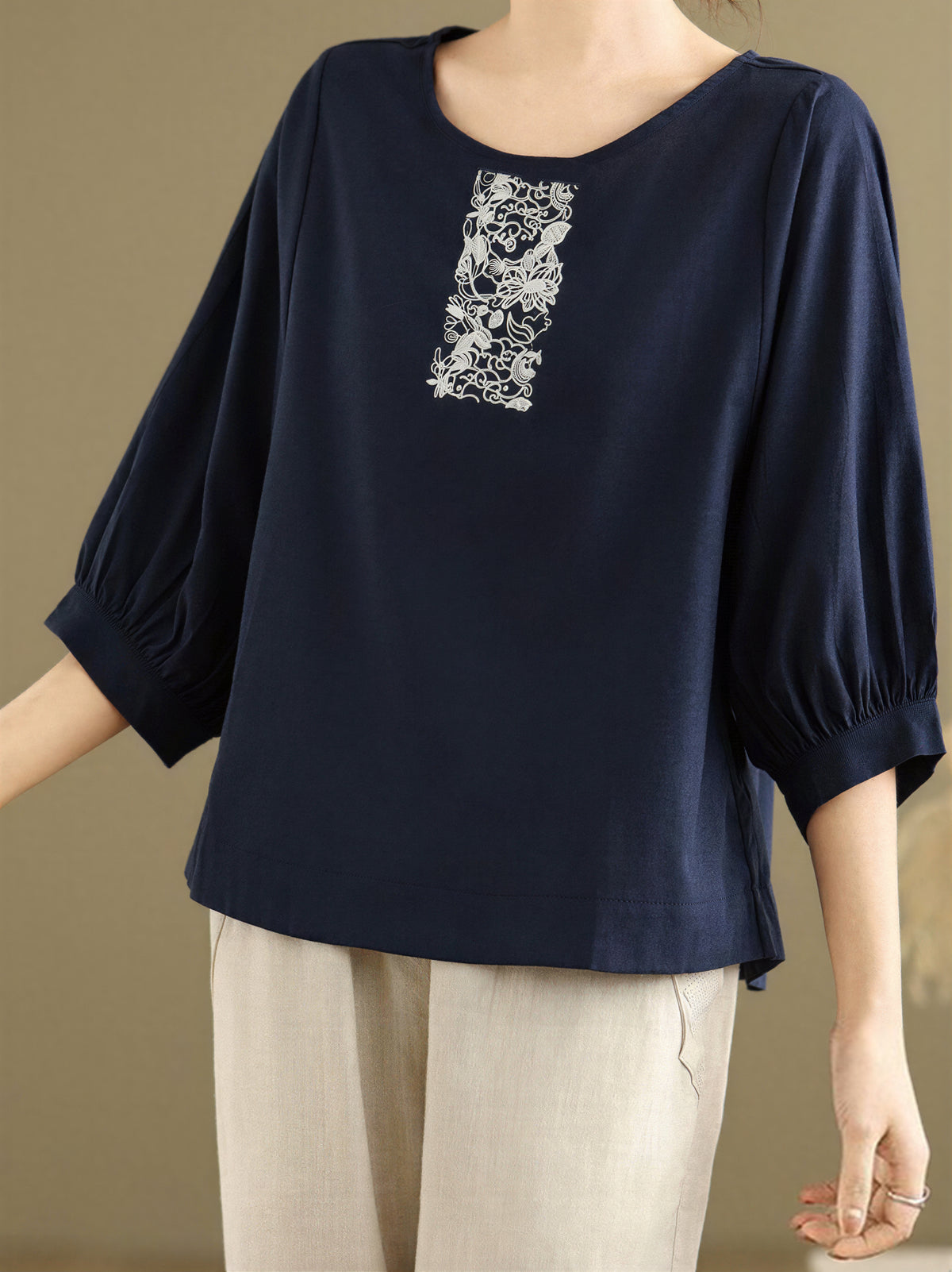 刺繍切り替えバルーンスリーブTシャツ