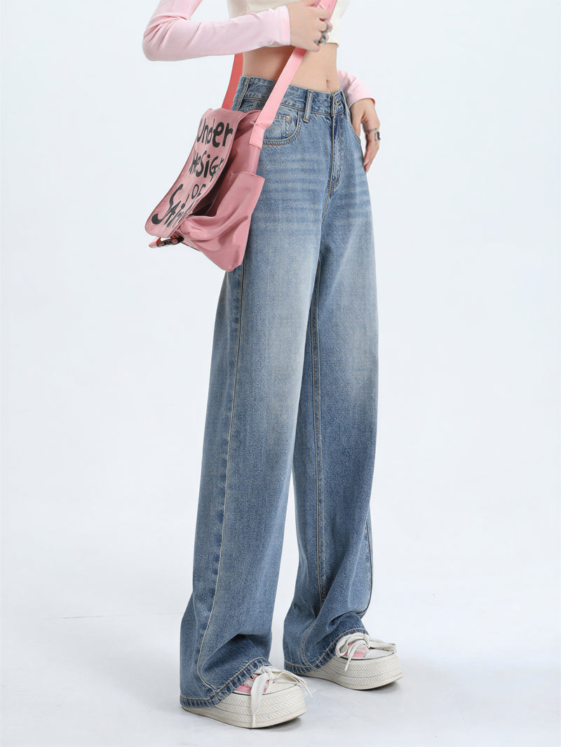 ハイウエスト 美脚見え ウォッシュ加工 ワイドデニムパンツ-サックス-2XL