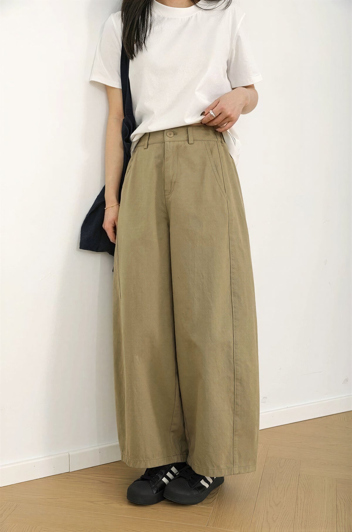 ハイウエスト タック入り ルーズワイドパンツ-カーキブラウン 内包み縁-4XL