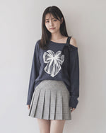 【全2色】M~2XL オフショルダー リボンプリントTシャツ