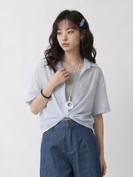 半袖シャツ 薄手 ゆったり 襟付き フロントリボンデザイン ポリエステル