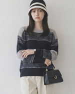 ワイドネック ボーダー ルーズニット-ブラック X シルバー-XL