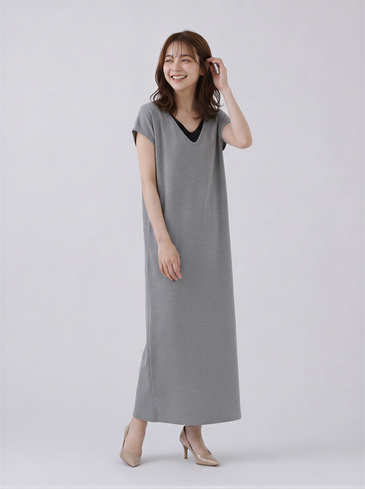 【全2色】M~2XL レイヤードVネック ストレート ロングワンピース