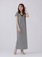 【全2色】M~2XL レイヤードVネック ストレート ロングワンピース