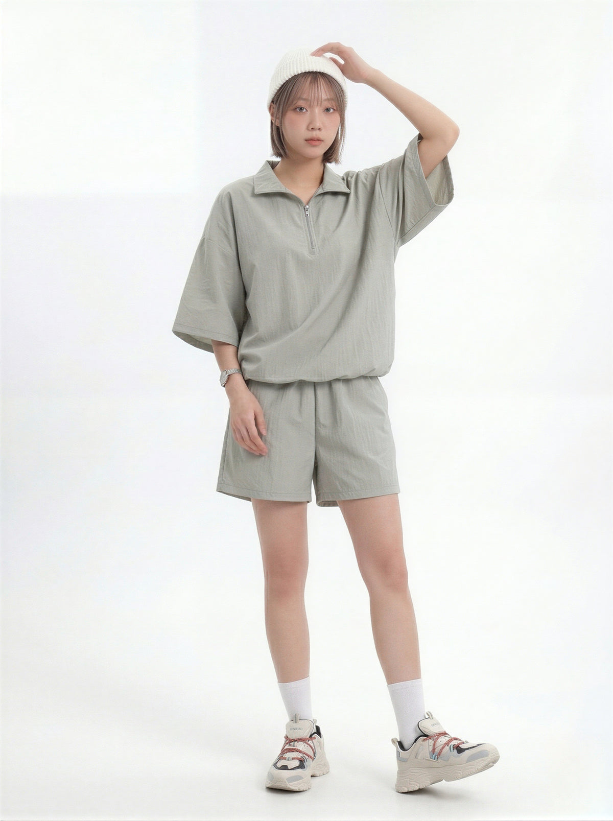 ハーフジップ 襟付き ルーズPOLOシャツ＆ショートパンツ 2点セット