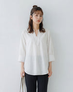 スタンドカラー×Vネック 透かしステッチ 七分袖シャツ-ホワイト-2XL
