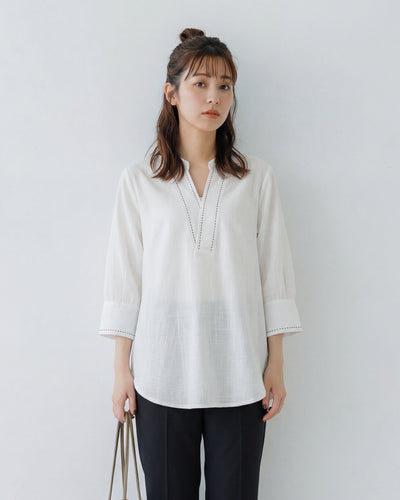 スタンドカラー×Vネック 透かしステッチ 七分袖シャツ-ホワイト-2XL