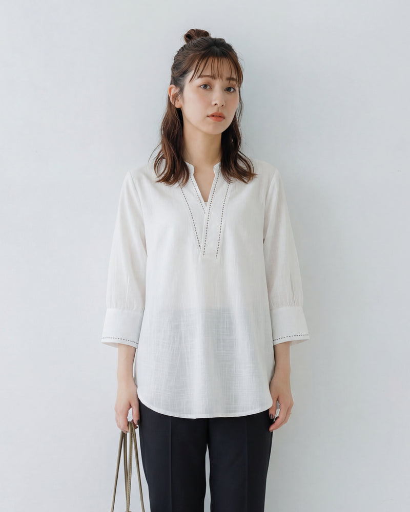 スタンドカラー×Vネック 透かしステッチ 七分袖シャツ-ホワイト-2XL