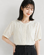 ラウンドネック ピンタック エンブロイダリー風ブラウス-ベージュ-2XL