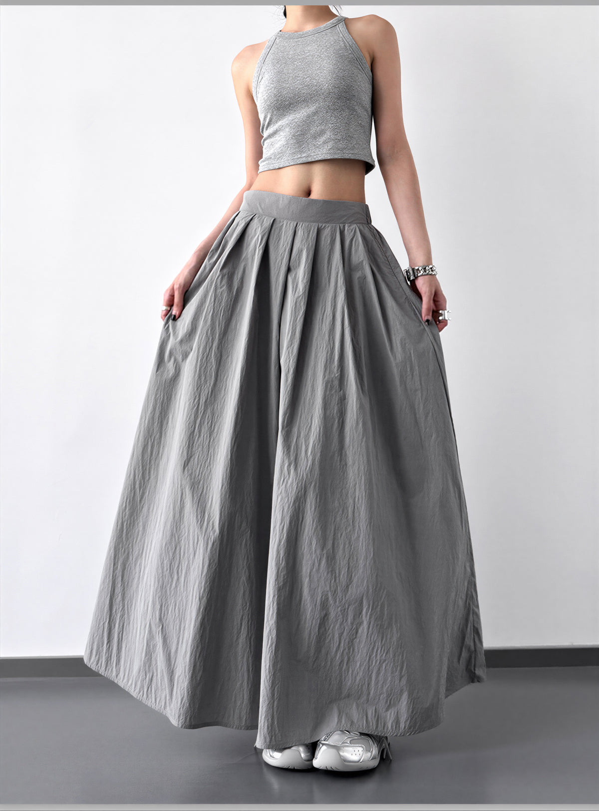 S-XL ハイウエスト プリーツ入り Aラインシルエットスカート